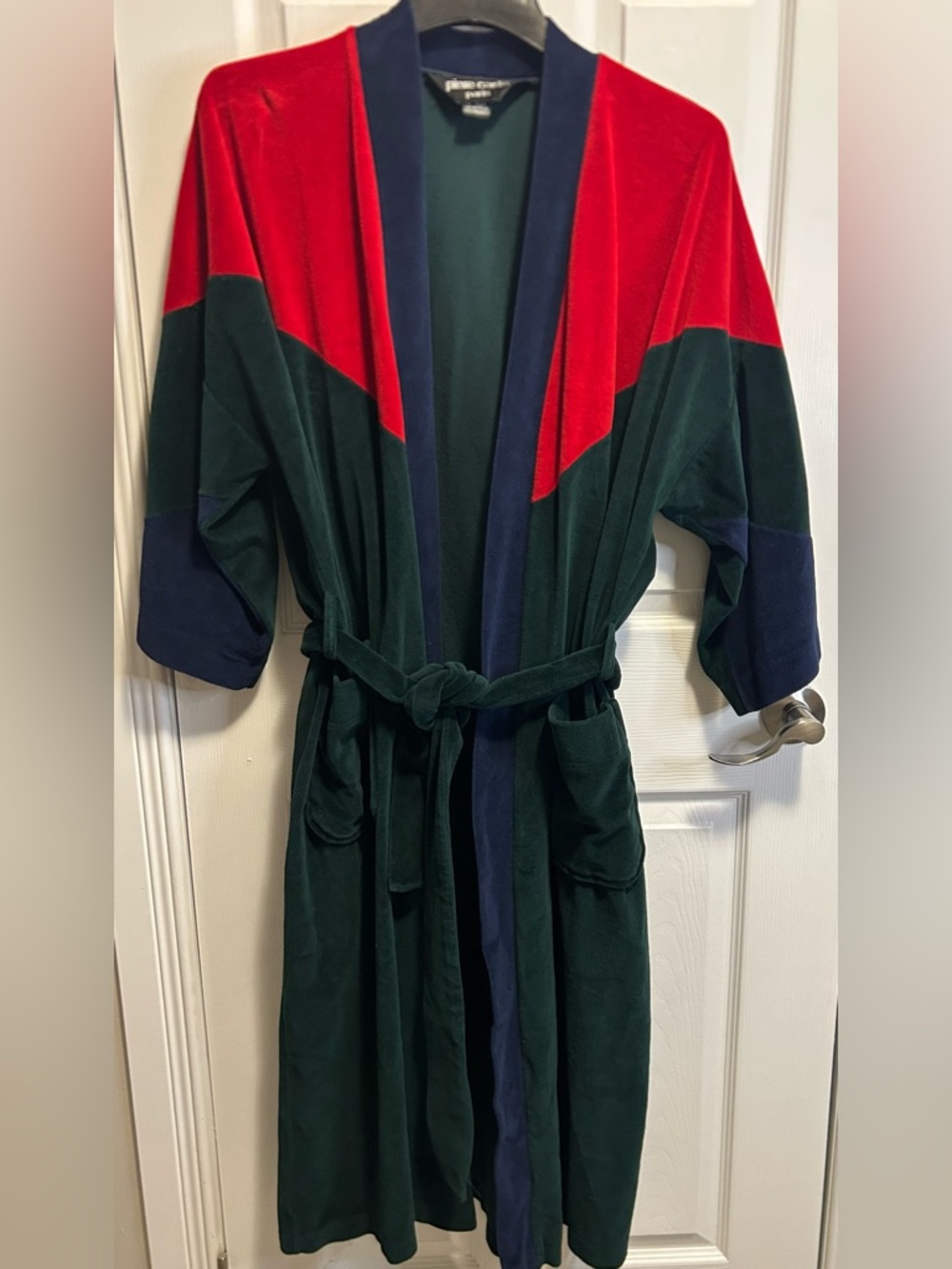 Pierre Cardin Vintage Colorblock Velvet Robe - Red, Forest Green, Navy